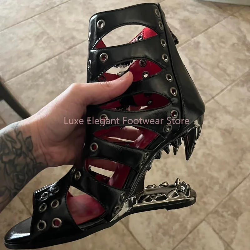 

Black Buckle Strap Rivet Tiger Teeth Heel Sandals Women Leather Hollow Back Zipper Sandals Boots Gothic Punk Club Gladiator Shoe
