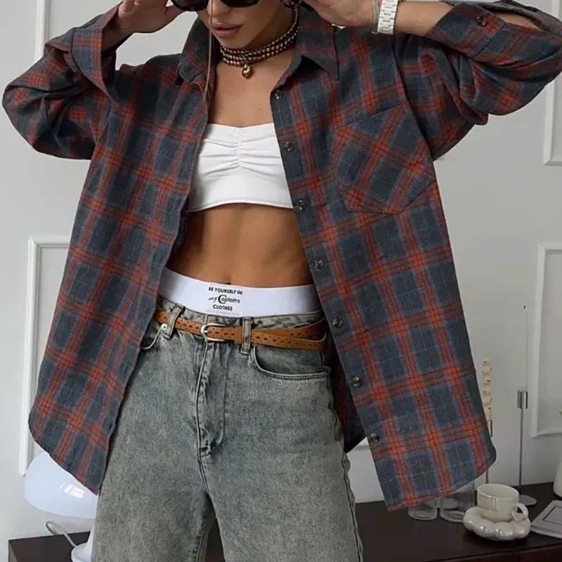 エレガントな女性用長袖ラペル通勤シャツ、レジャーポケット付きチェック柄プリントレディースブラウス、新作秋シングルブレストレトロコート