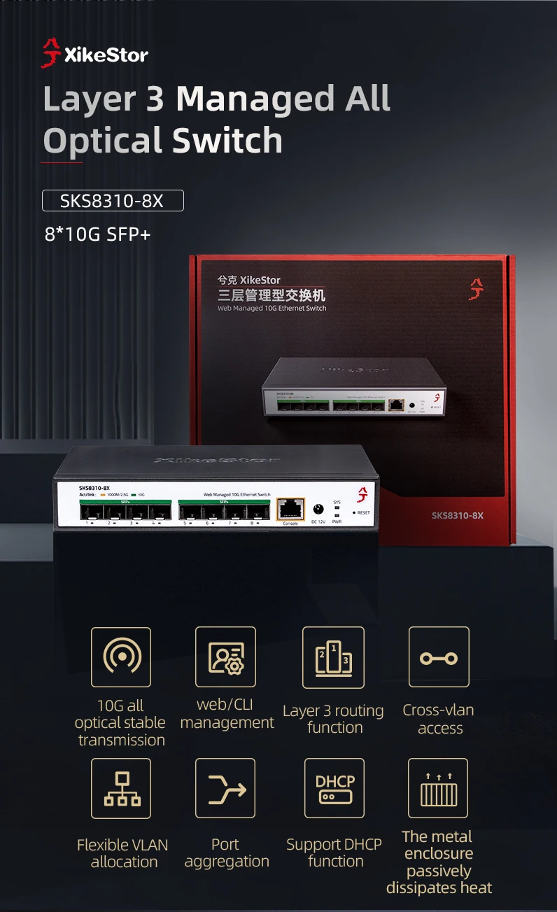 XikeStor Dreischichtiges Management Voll-10G-Switch, Kostengünstiger Switch, 8 1G/2.5G/10G SFP+ Optische Ports + 1 RJ45-Konsolenmanagement – Detail 17