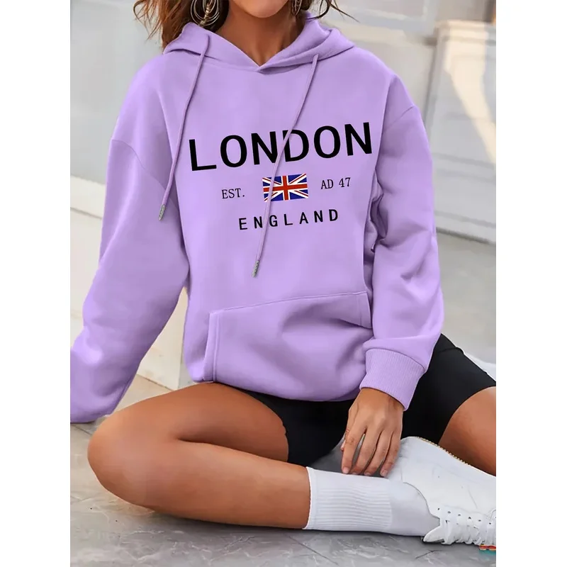 هوديي برباط مطبوع عليه Vibrant London - هوديس عصري مع جيب الكنغر كاجوال بأكمام طويلة #3