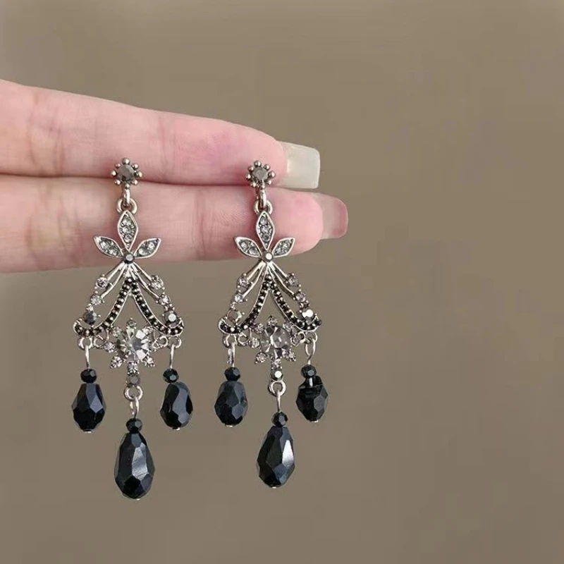 Gothic Dark For Women Black Zircon Vintage Design Silver Needle Tassel Exquisite Earrings Jewelry Party Gift