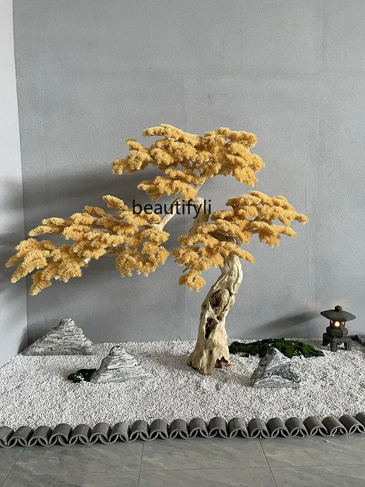 CC جديد الصينية الاصطناعية الأصفر ترحيب الصنوبر كبير الجذر القديم نحت الخشب الصلب فندق الحلي المشهد