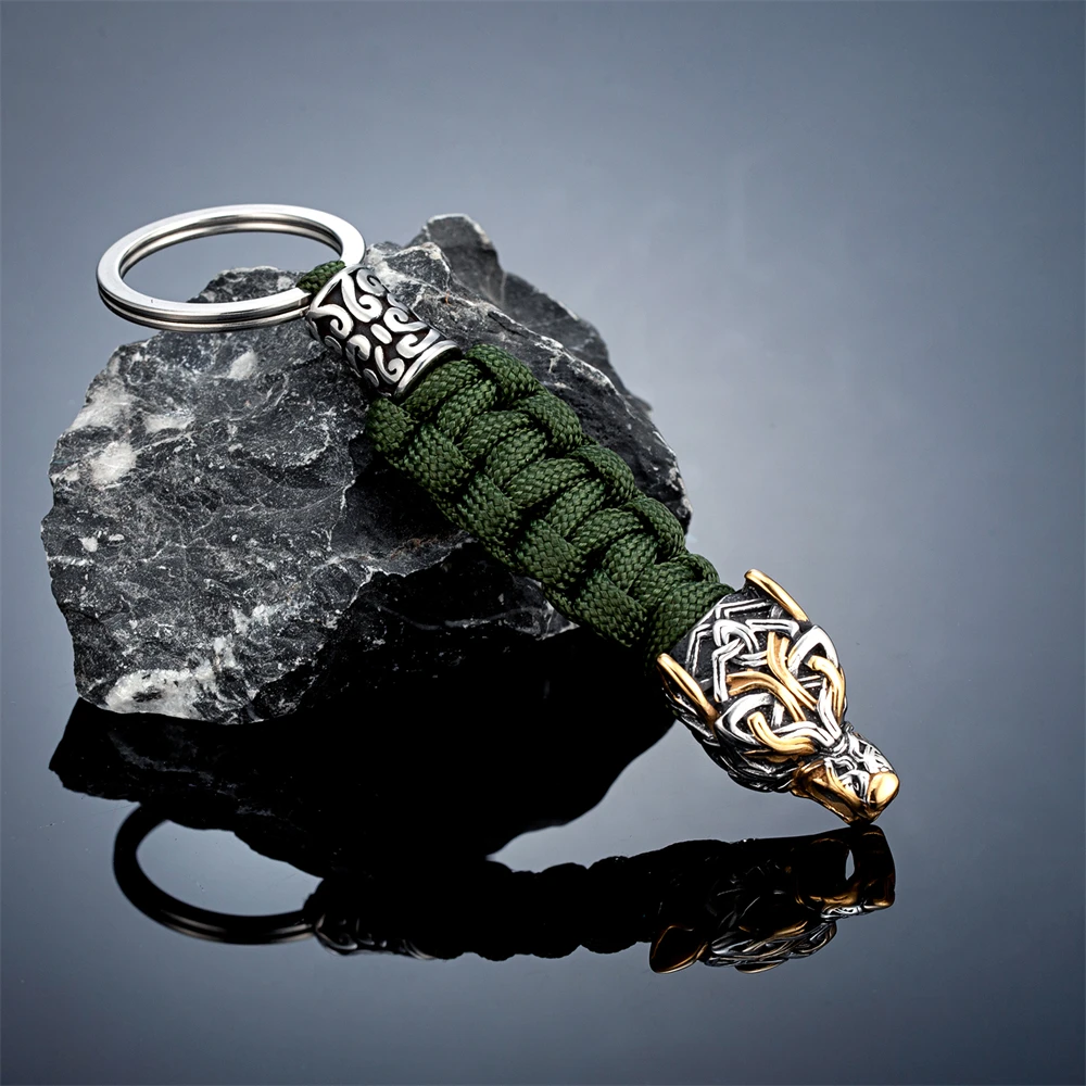 Punk Mannen Vikings Wolf Hoofd Survival Sleutelhanger Rvs Noorse Keltische Wolf Outdoor Paracord Touw Sleutelhanger Handgemaakte Sieraden