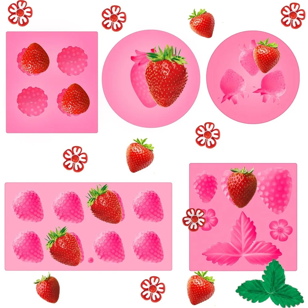 

5-piece set Strawberry Silicone Baking Mold Handmade Candy Jelly Soap Chocolate Fudge Ice Cream Cake DIY Decor 3D Flower Tray