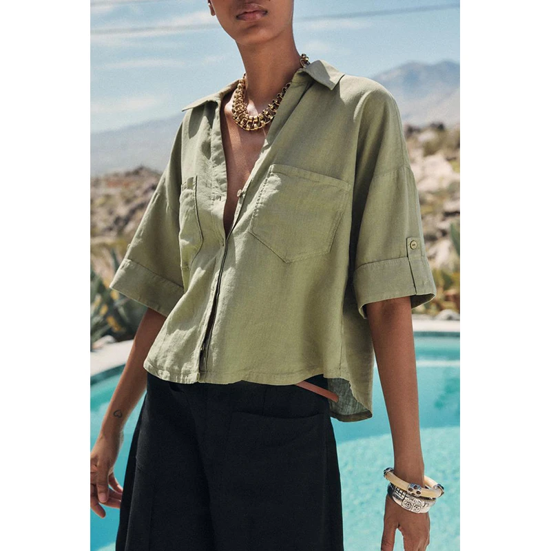 

Summer New Women's Casual Linen Blend ort irt Simple Sle ket Decorated Turn-down Collar Loose Fit Color Button up