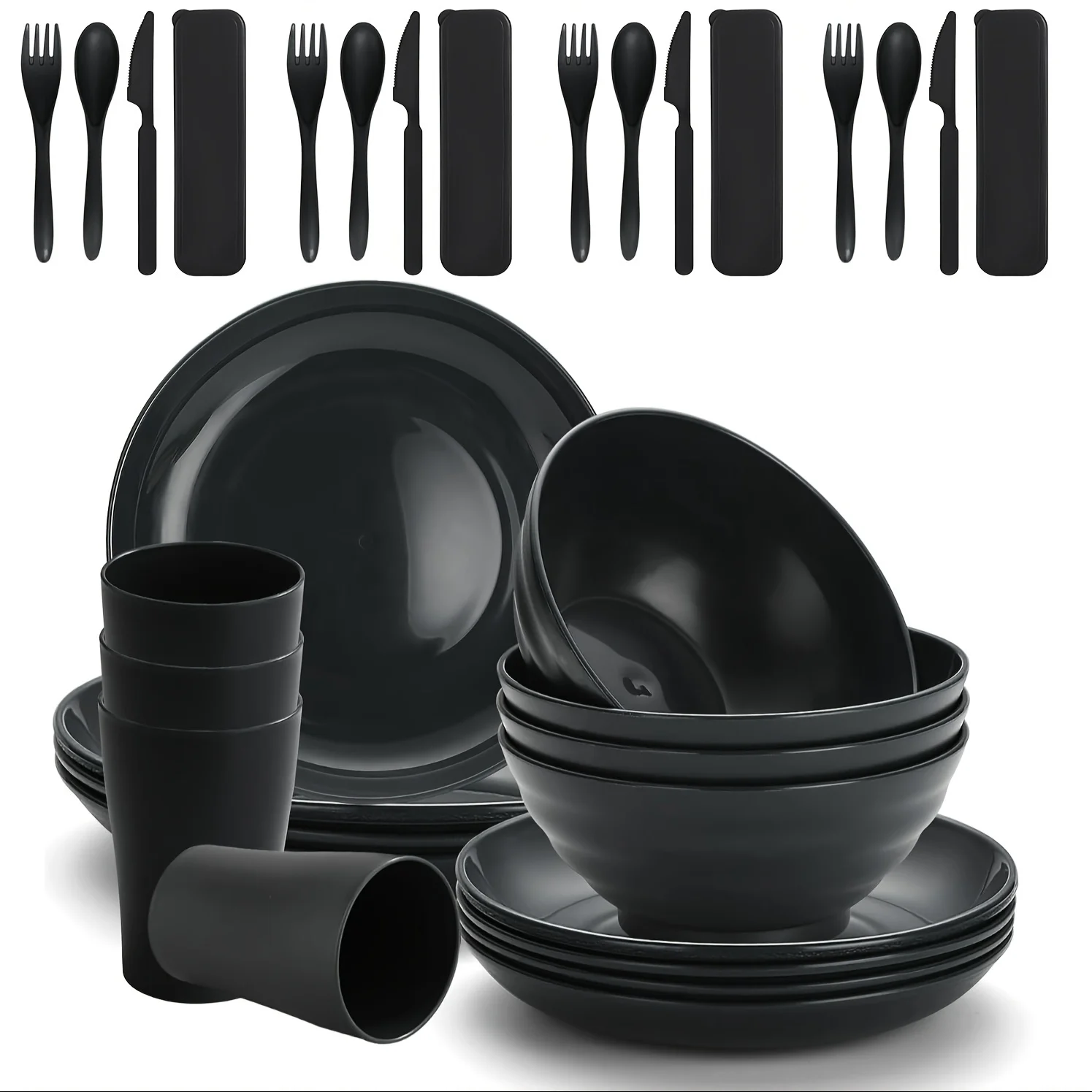 32 Piece Straw Cutlery set Bowl Shaped Dining Plate Set Portable Cutlery Fork Black Cutlery Camping Vegetables Set Complet