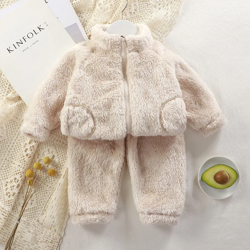 

Kids Autumn Winter Plush Set Fashionable Solid Color Home Wear for Kids Toddler Warm 2pcs Set Thermal Wear for Babies Girls Boys