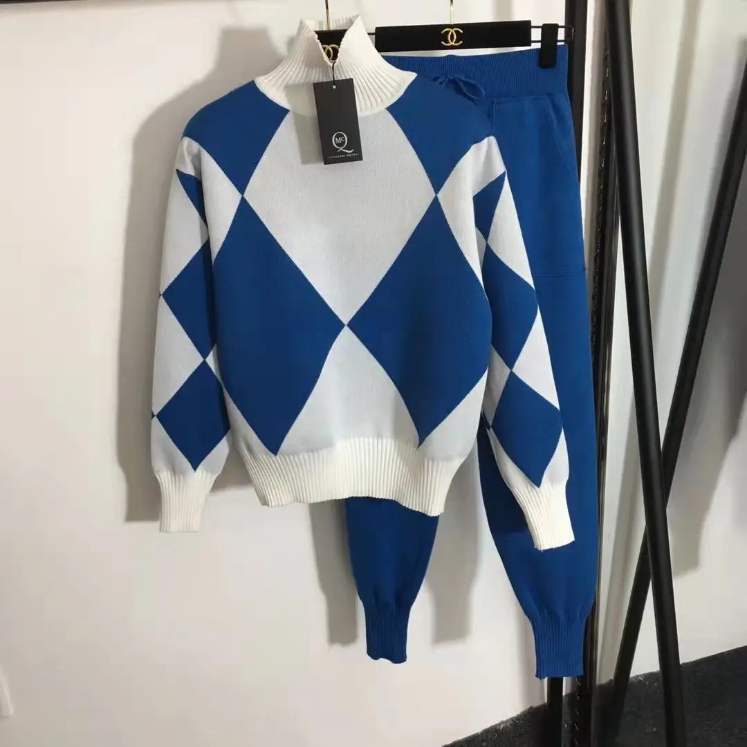 

2025 Autumn/Winter New Splicing Knitted Set Women's Fashion Loose Long Sleeve Sweater Top+Knitt Haren Pants Two Piece Sets