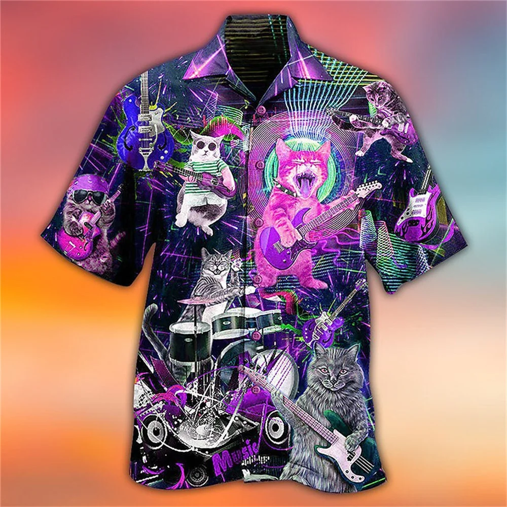 Hawaiian Shirt For Men 3d Music Cat Print Beach Party Sweatshirt Street Designer Short Sleeved Shirt High Quality Men\'s Clothing