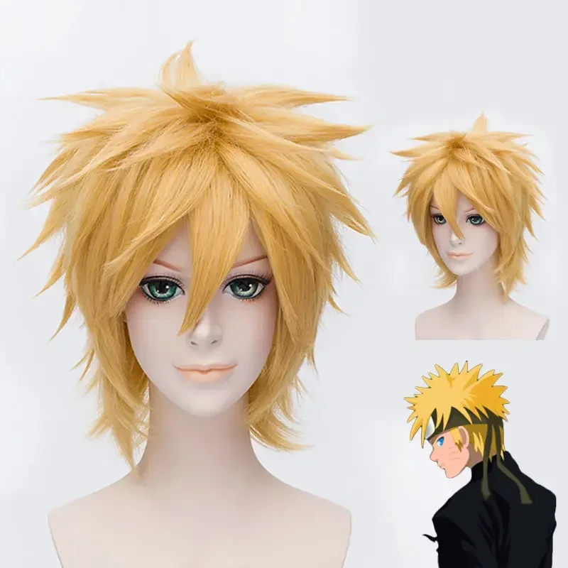 Parrucche Uzumaki parrucca Cosplay per capelli sintetici resistenti al calore a strati corti e soffici dorati
