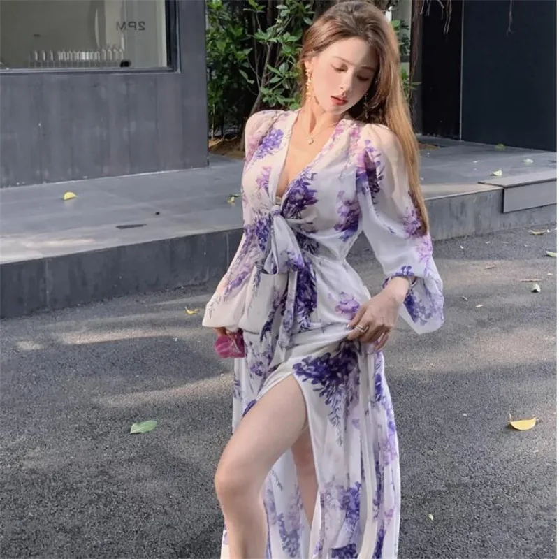 

Summer Holiday Purple Floral Print Long Dress Sexy Deep V Neck Long Sleeve Slim A Line Dress Split Vacation Beach Fairy Dress