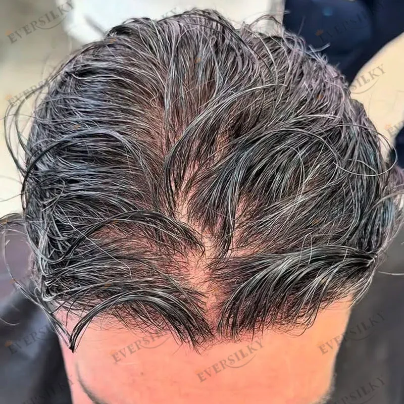 Grey Natural Human Hair #1B30#240 Old Men's Ultra Thin Skin Base Toupee Undetectable 80Density Realistic Hairline Man's Wigs
