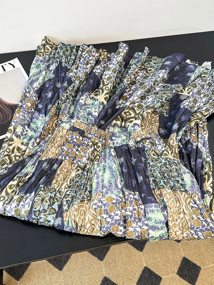 Bohemian Print Pleated Splice  Skirt Women's Summer Loose Fit Slimming Elastic Waist Long Skirt Casual High Waist A-Line ...