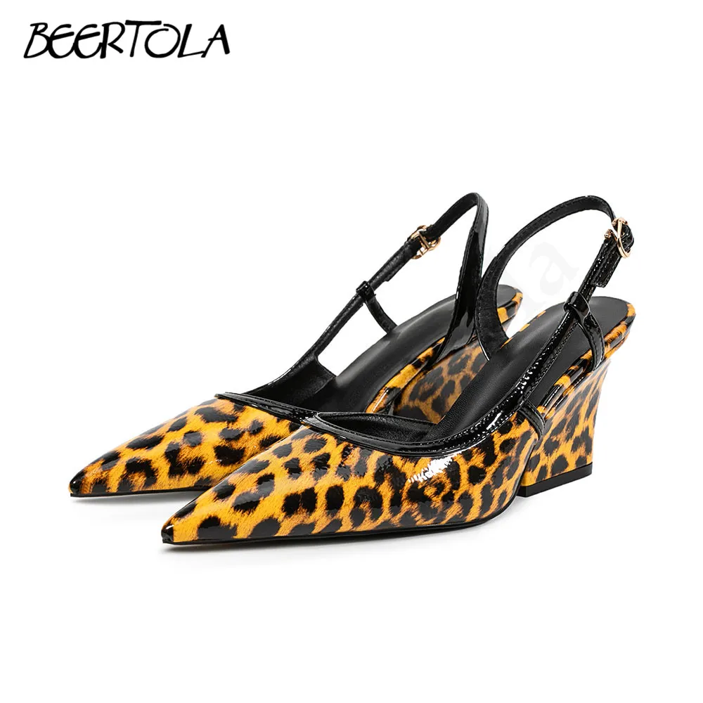 Leopard Print Pointed Toe Thick Heel Pumps Side Hollow Buckle Pointed Toe High Heels Fashionable Large Size Elegant Women's Shoe