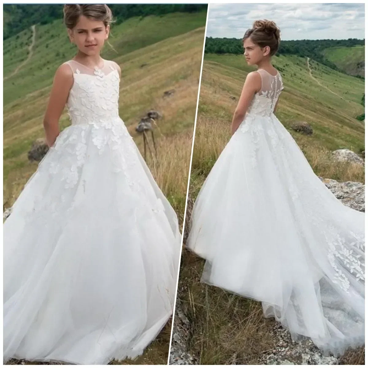 Formal Kids Flower Girl Dresses For Wedding Sleeveless Leaf 3D Lace Appliqued First Communion Dress Princess Birthday Party Gown