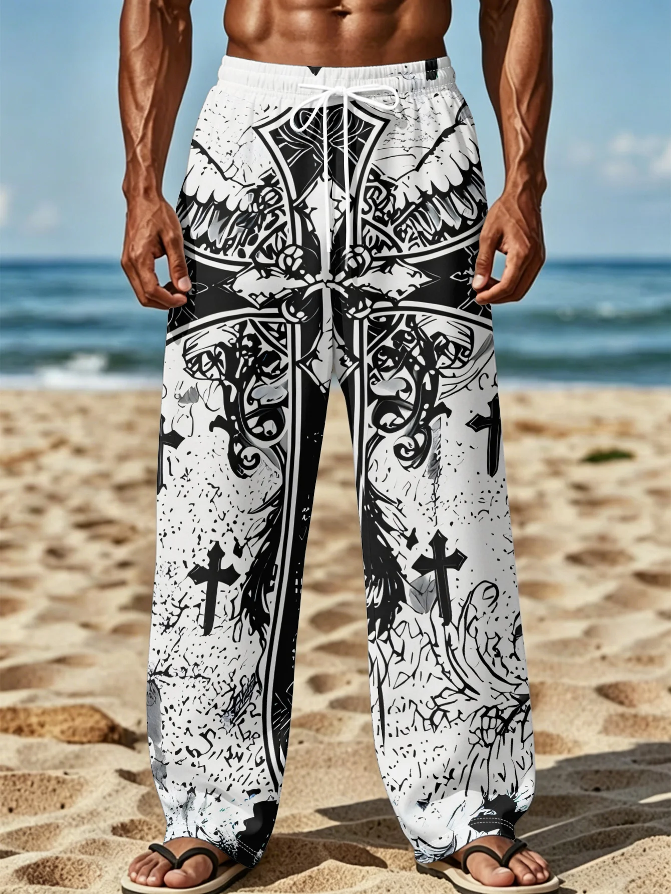 Unisex Straight-Leg Jogginghose mit Gothic-Kreuz-Tribal-Print, Y2K Punk Hip Hop Streetwear, Alltags-Outdoor-Modehose – Detail 8