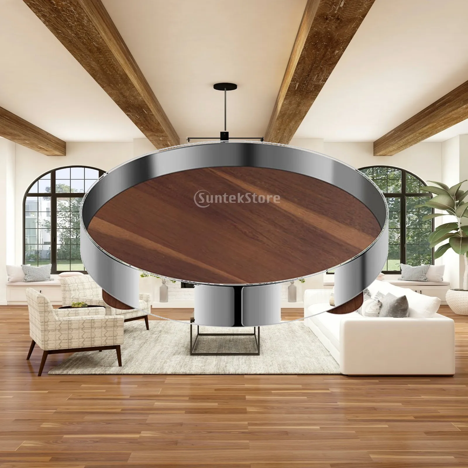 Round Tray for Table Minimalist Wood and Stainless Design Decorative Table Center Tray for Snacks and Drinks