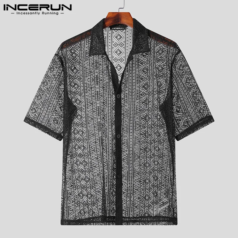 INCERUN Tops 2024 American Style Casual Mens Hollow Lace Printed Shirts Fashion Street Hot Sale Short Sleeved Lapel Blouse S-5XL