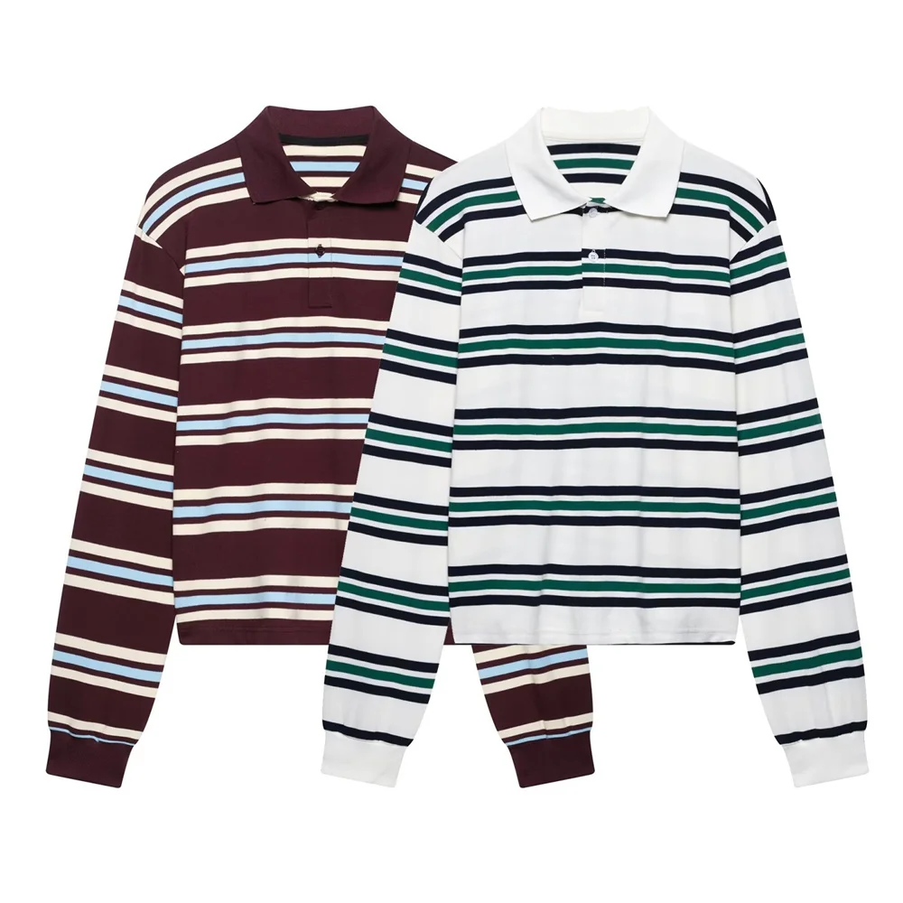 UNIZERA 2025 Polo a rayas de manga larga para mujer - Camisas estilo color burdeos y blanco con cuellos en contraste para un look casual