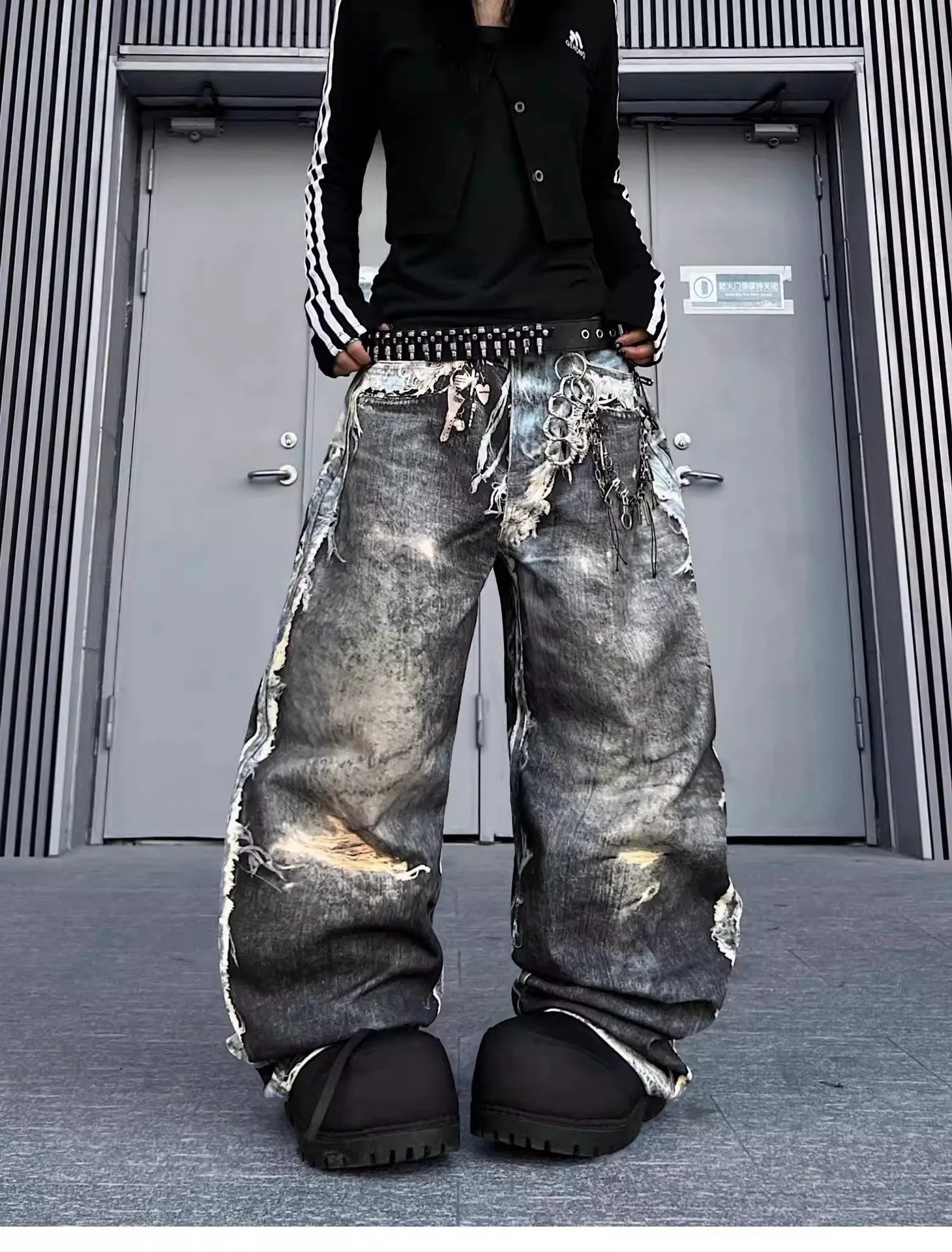 

American retro distressed 3D digital-print punk high street jeans men and women loose wide-leg and curved-leg design Y2K emo