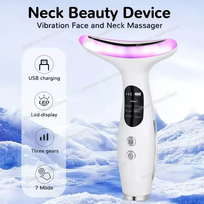 EMS Microcurrent Face Neck Lifting Beauty Machine 7 Colors LED Light 3 Gears Heating Vibration Anti Aging Neck Wrinkle Remover