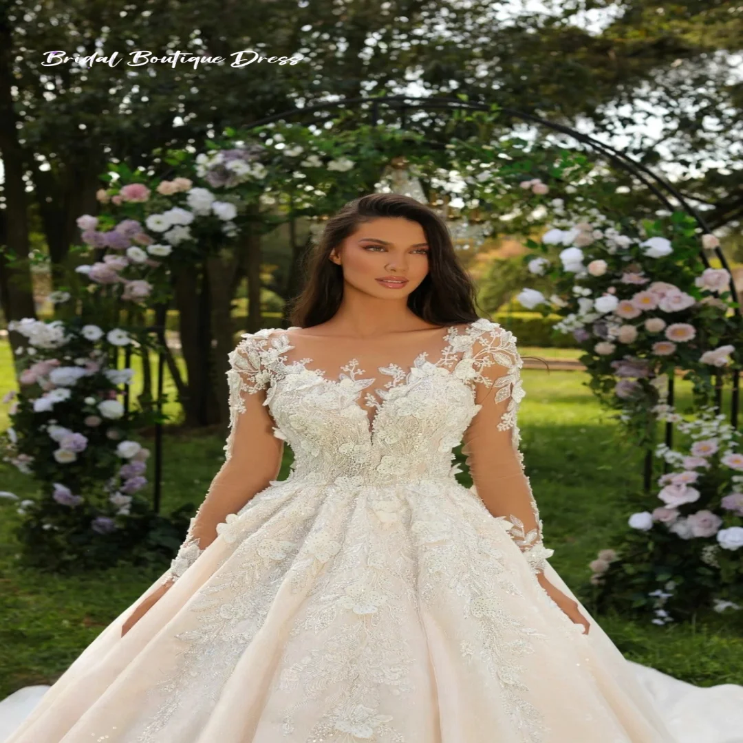 Abito da cerimonia nuziale squisito personalizzato con linea A, applique in pizzo floreale, manica lunga, abito da sposa con perline di cristallo
