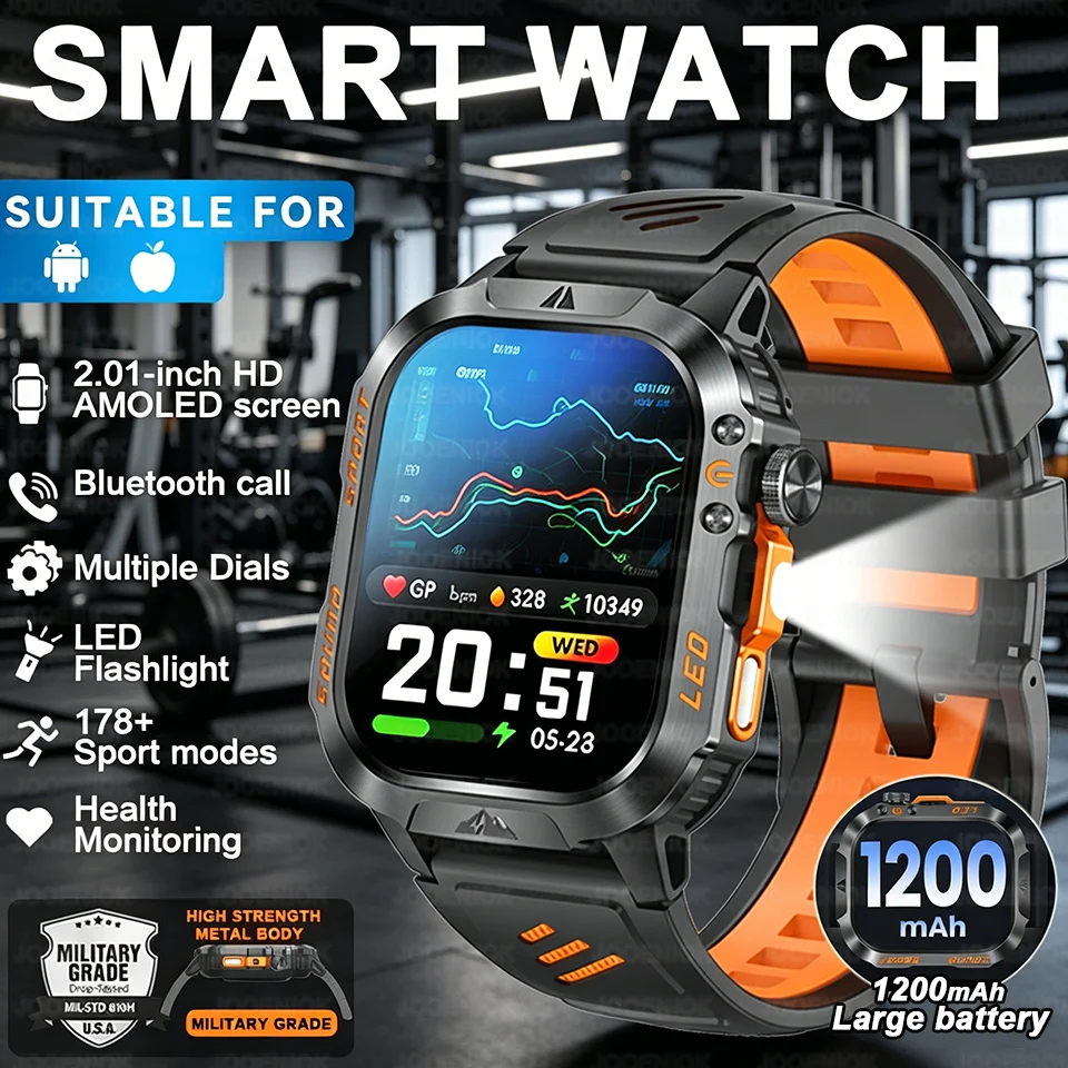 

2026 New Built-in 1200mAh Super Large Battery Men Smart Watch Outdoor GPS 2.01"AMOLED Screen 5ATM Waterproof BT Call Smartwatch