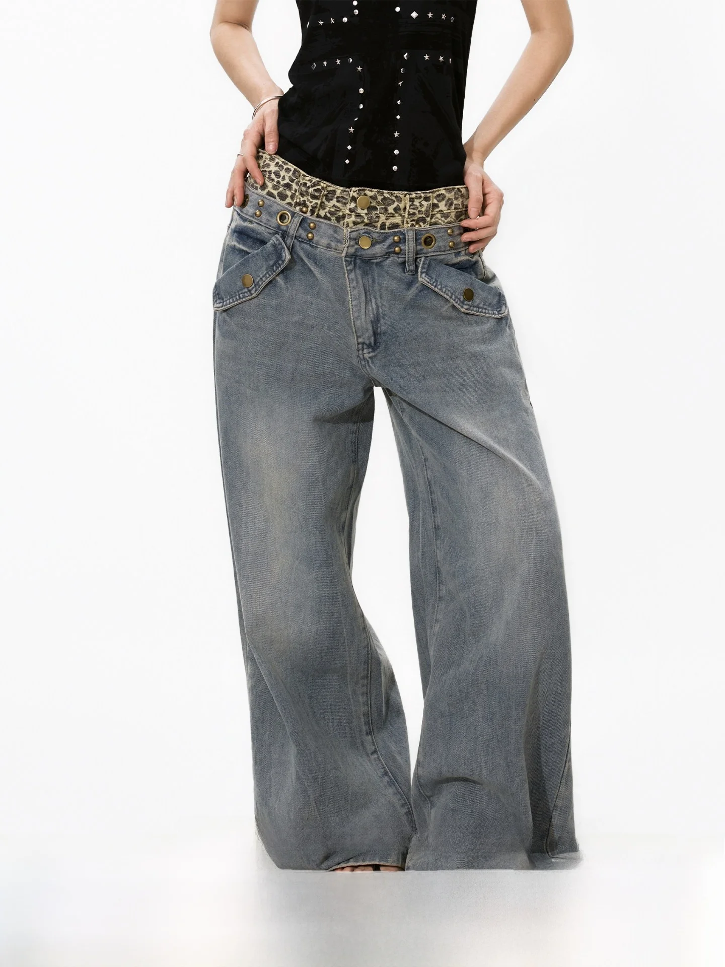

S3T5 Leopard Print Patchwork Wide Leg Jeans Loose Fit Casual Style Women's Denim Pants Vintage Washed Straight Leg Trousers