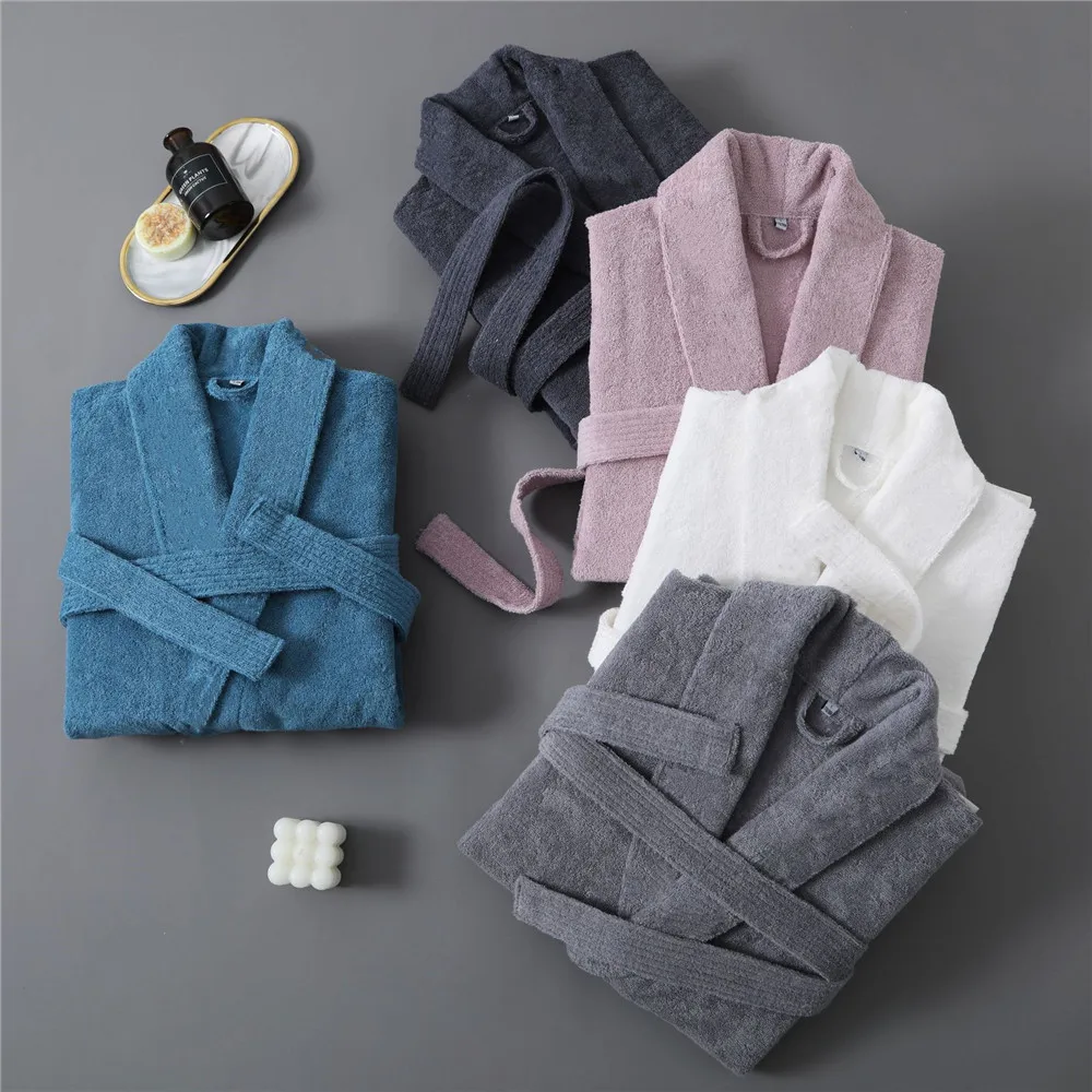 Solid Color Cotton Bathrobe with Belt for Ladies Spring and Autumn Yukata Homewear Hotel Couples Sleepwear Bathrobes