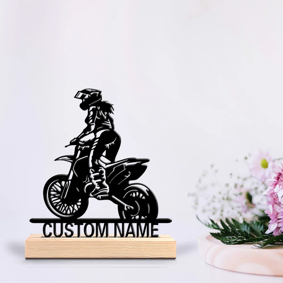1pc Creative Motorcycle Girl Customizable Text Tin Statue Art Crafts With Wood Base With Wood Base For Home Desk Decor view 4