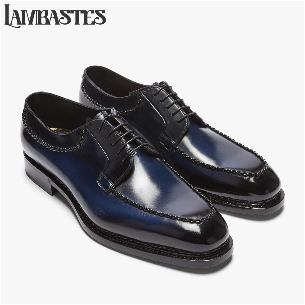 Hand Braided Stitch Oxford Shoes Blue Black Gradient Polished PU Leather Dress Shoes Designer Almond Toe Handmade Lace up Shoes