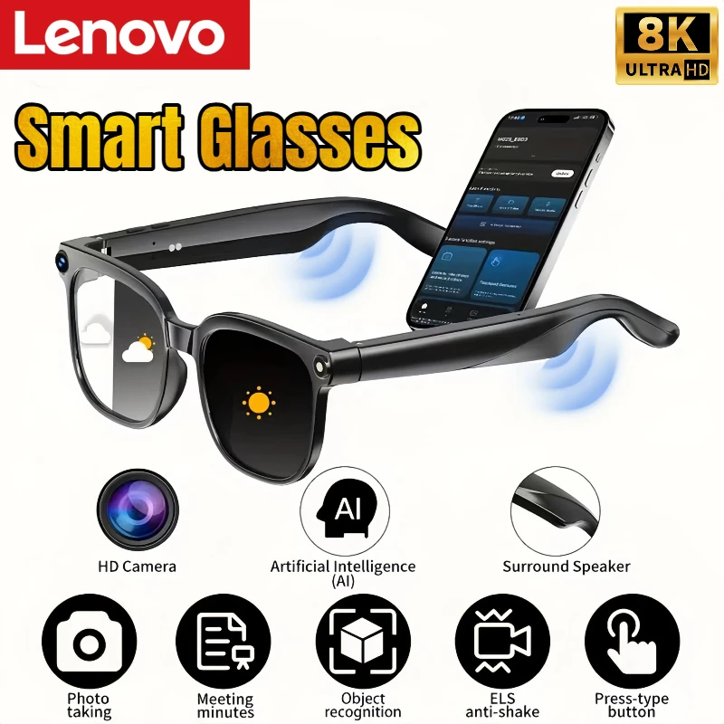 

Lenovo AI Smart Glasses 8K Multifunction Bluetooth Calling Voice Assistant Music Player Translate Camera Photochromic Sunglasses