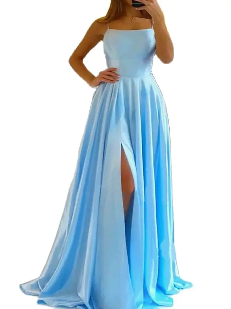 Vestido largo de satén con tirantes para mujer, vestido de noche con abertura alta, con tirantes finos, Formal, para fiesta, dama de honor, boda