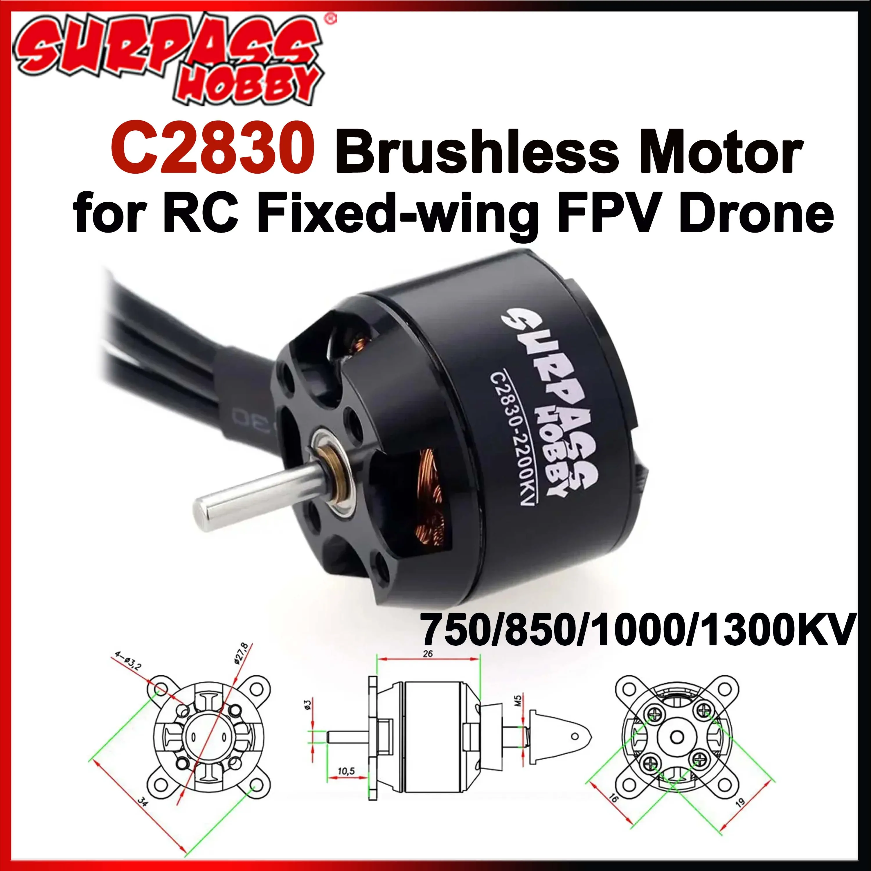 1/2/4PCS Surpass Hobby 2212 C2830 1300KV 1000KV 850KV 750KV Outrunner Brushless Motor for RC Airplane Fixed-wing Glider Aircraft