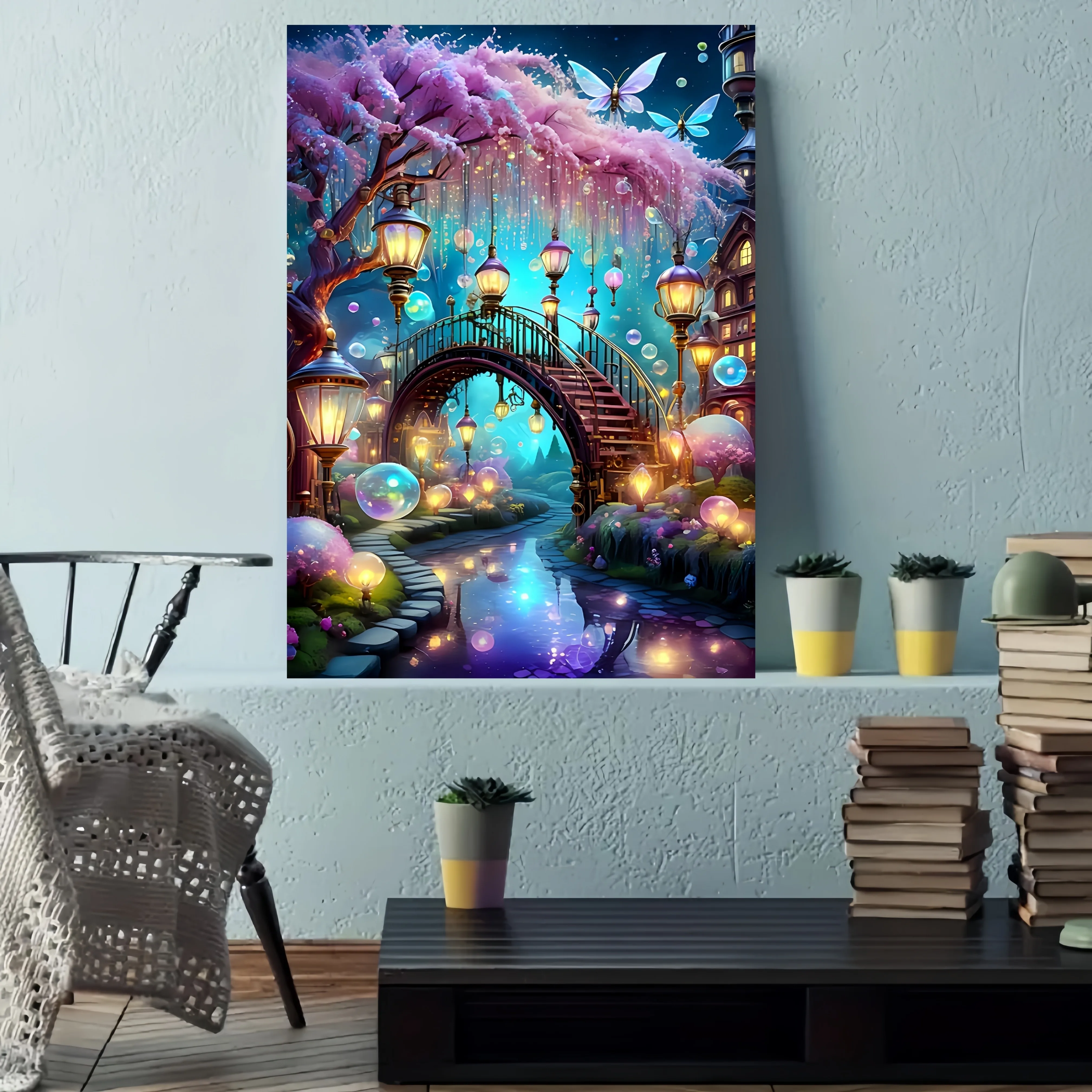 Rompecabezas mágico de puente nocturno y río con linternas brillantes, rompecabezas grande (50x70cm), cardboa blanco grueso, 1000 Uds.