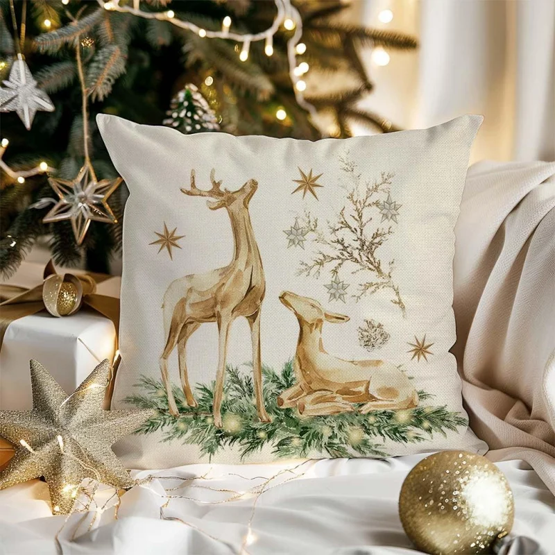 Christmas Pillow Cases 4 Piece Set Reindeer Christmas Tree Garland Pine Leaf Retro Suitable for Home Sofa Living Room