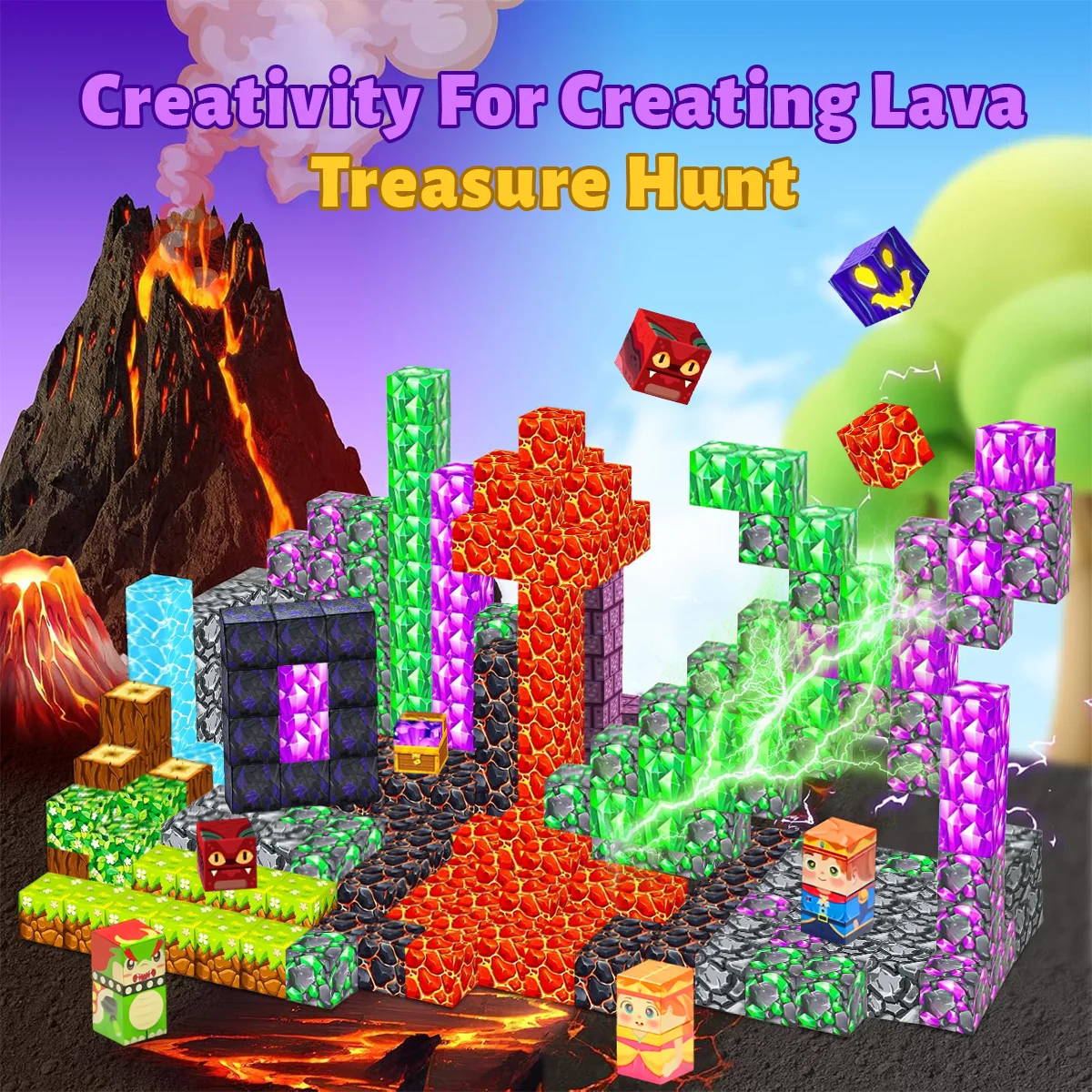 Blocs de construction magnétiques, ensemble de cubes magnétiques d'aventure de lave, jouet sensoriel STEM Montessori pour enfants, garçons et filles, cadeaux d'anniversaire