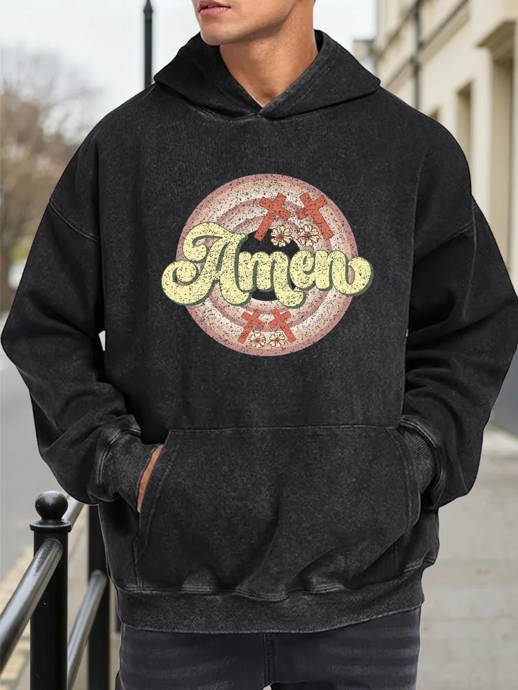 سويت شيرت رجالي كاجوال بغطاء للرأس برسومات مغسولة كلاسيكية من Amen in the Circle #1