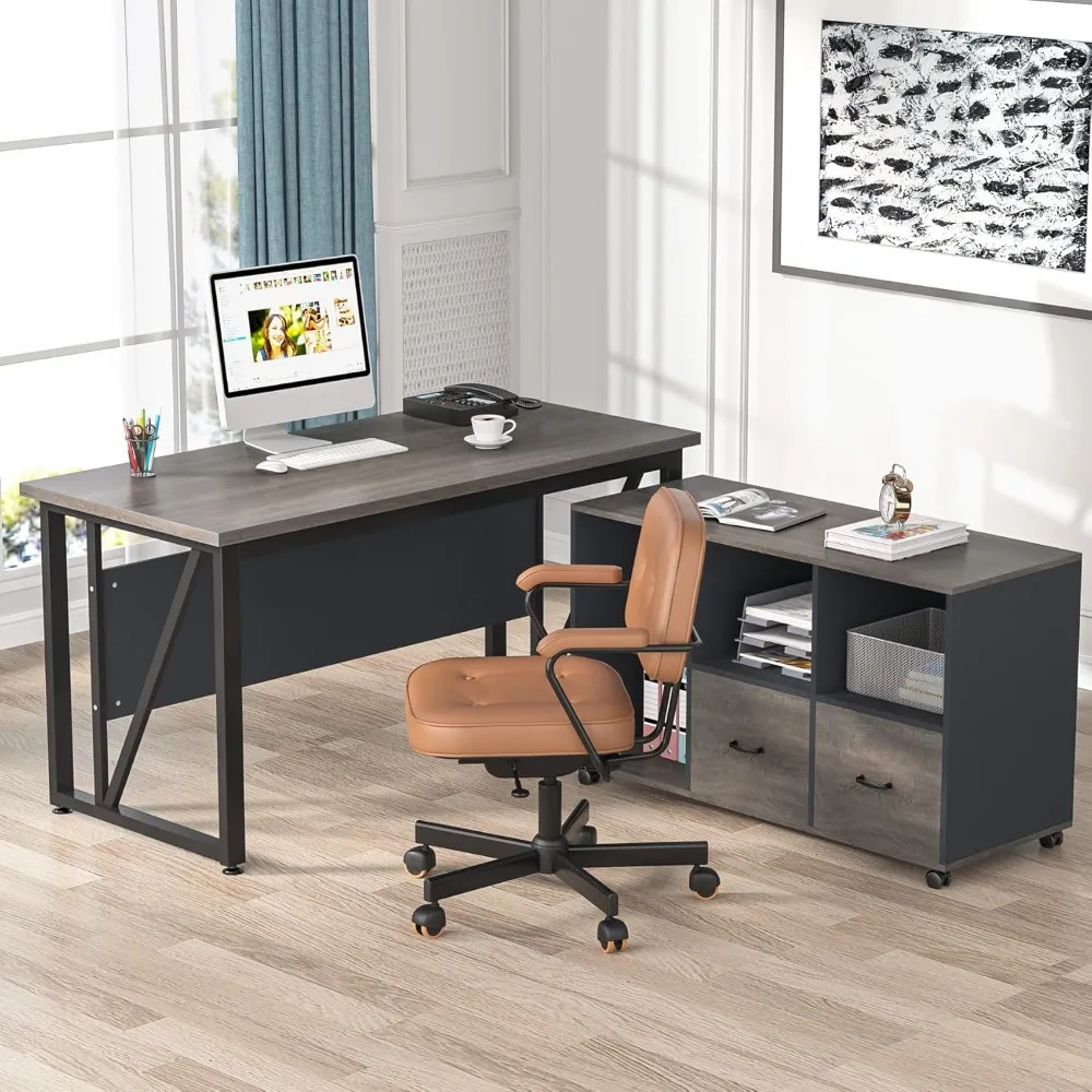 Executive Desk and 43" lateral File Cabinet, L-Shaped Computer Desk Home Office Furniture with Drawers and Storage Shelves