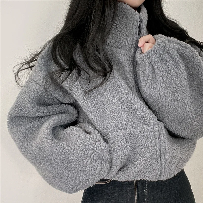 

Women Zippe Sweatshirts Winter Zipper Jackets Fleece Hoodie Thickened Warm Women Stand Collar Short Loose Plush Coats Top 2024