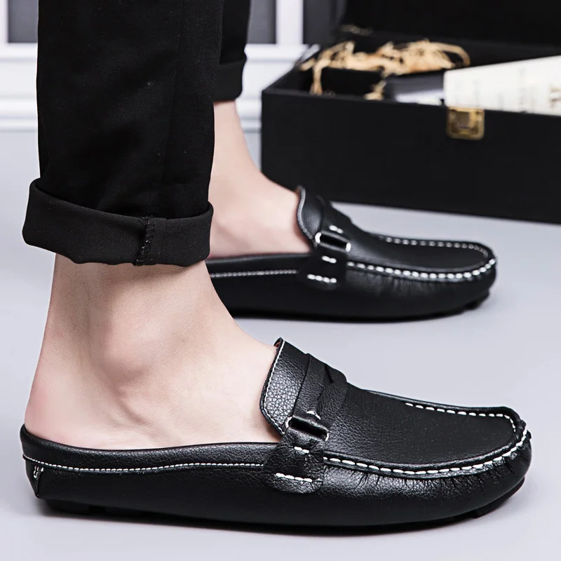 2023 Men Half Shoes Casual Luxury Brand Italian Handmande Slipon Men Driving Shoes Leather Summer Comfort Slippers Loafers White