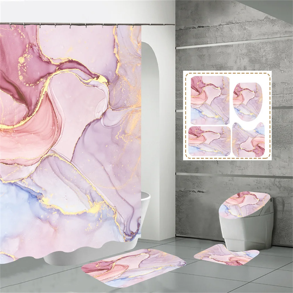 

Pink Marble Shower Curtain Set Non-slip Mat Toilet Mat Abstract Pink jade Texture Gold Striped Shower Curtain Decoration