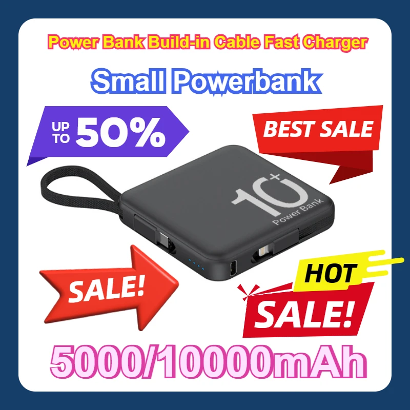 

For IPhone Xiaomi Portable Mini 10000mAh Power Bank Build-in Cable Fast Charger External Spare Battery 5000mAh Small Powerbank