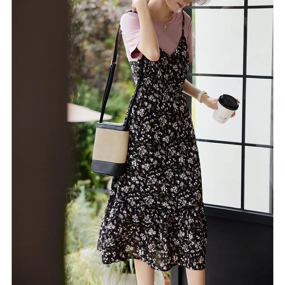 세련되고 다재다능한 가짜 투피스 스플라이스 프린트 서스펜더 여름 새 꽃무늬 반팔 A라인 드레스