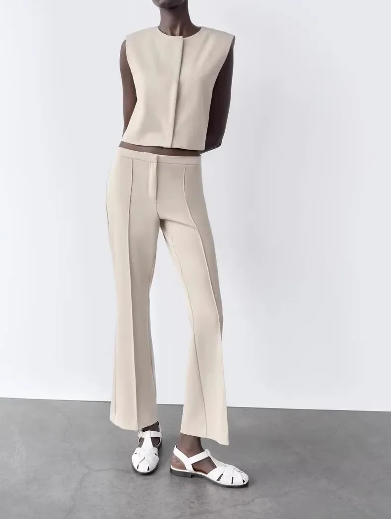 

Spring 2025 Women's Faion ort Vest with Flared Trousers And Line Decoration Commute Sle round Ne No Button Pure Color