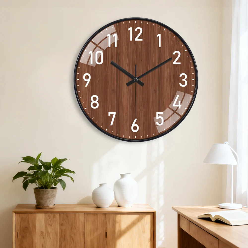 

Fashion Quartz Wall Clock Living Room Nordic Style Circular Clock Imitation Wood Grain Clock ABS Plastic Frame Corner Wall Clock