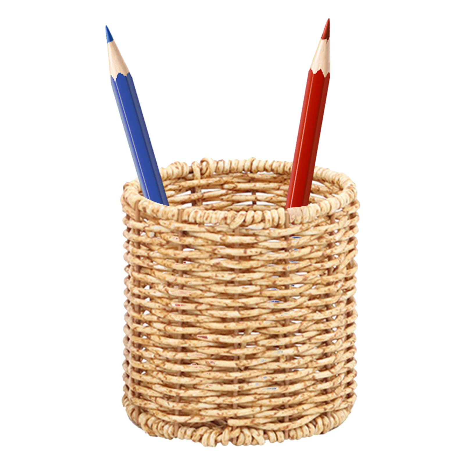 

Imitation Rattan Woven Pencil Holder Round Desktop Organizer For Pens Brushes Stationery Storage Bin Office Desk Accessory