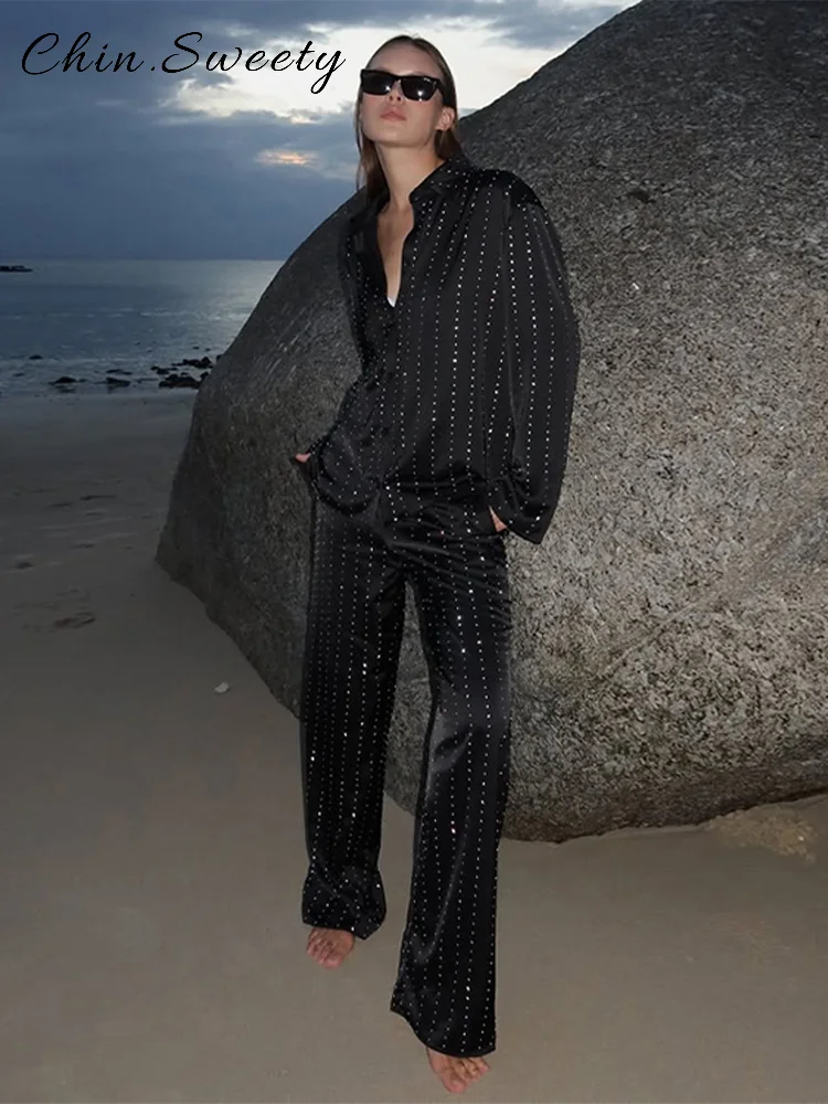 

Fashion Rhinestone Trousers Set Women Lapel Full Sleeve Single Breasted Top High Waist Straight Pant 2025 Summer Lady Chic Suit