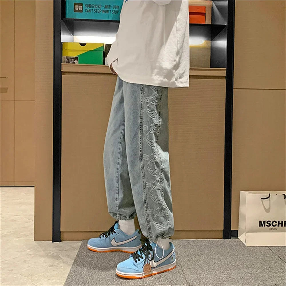 봄 와이드 레그 청바지 남성 패션 캐주얼 한국 청바지 남성 streetwear 루즈 힙합 스트레이트 데님 바지 남성 청바지