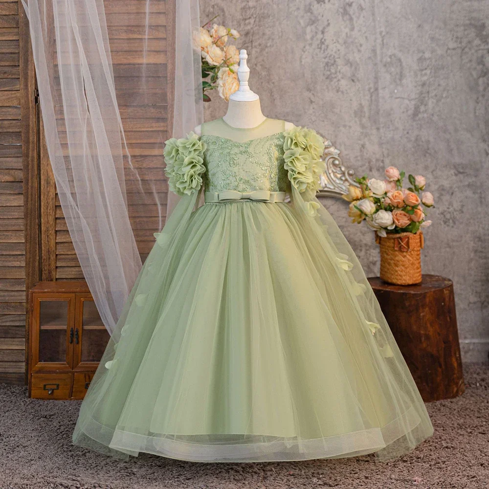Flower Girl Dress Long Mesh Kids Ball Gown for Wedding Birthday First Communion Christmas Children's bridesmaid Prom